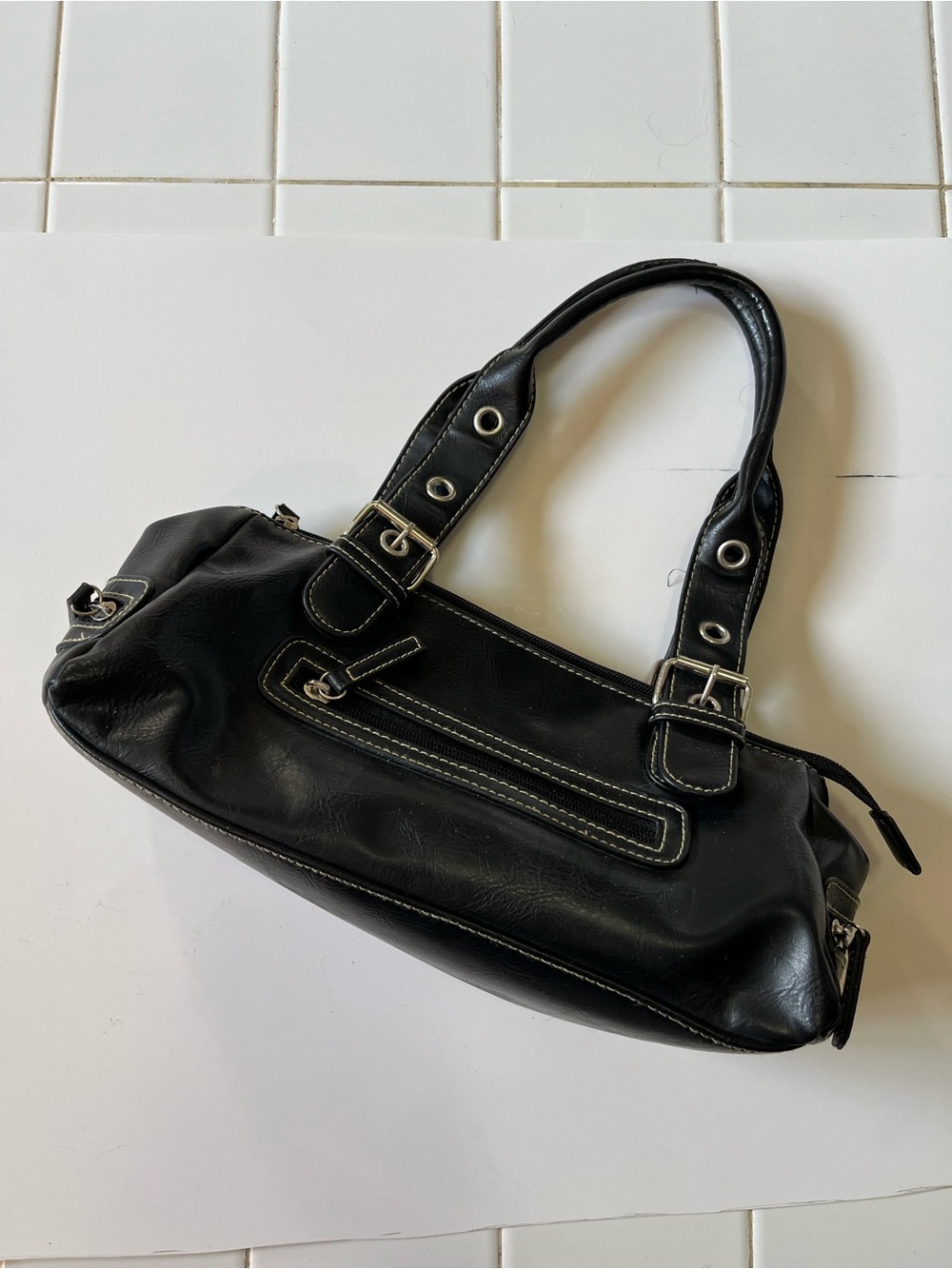 Classic Black Faux Leather Shoulder Bag with Contrast Stitching